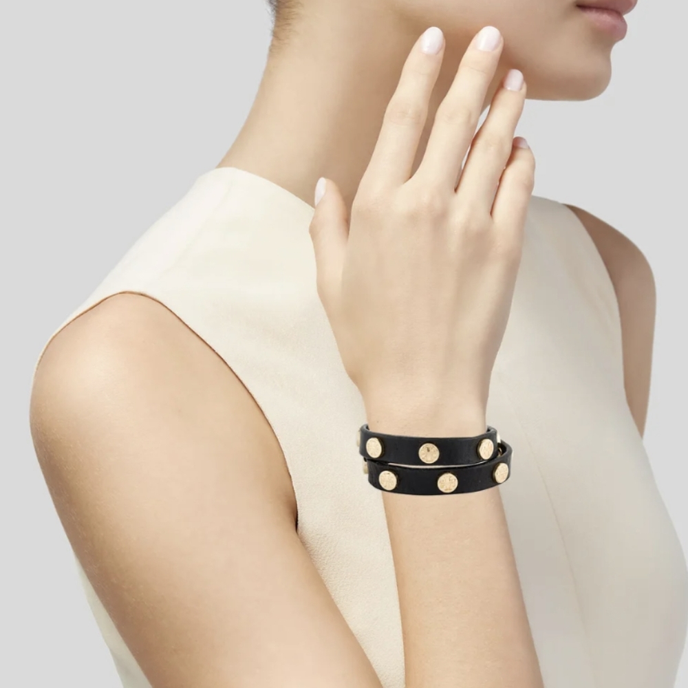Tory Burch Black Double Wrap Logo Stud Bracelet